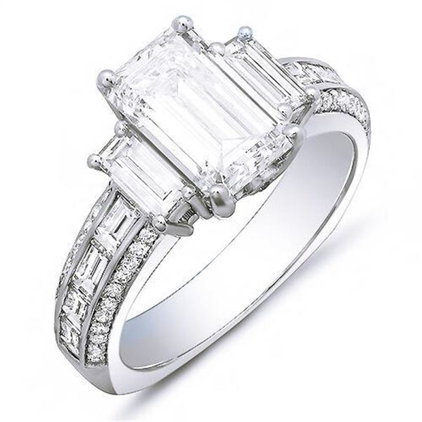 Natural 3.32 CTW Emerald Cut & Baguettes Diamond Engagement Ring 18KT White Gold