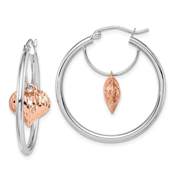14k Two-tone Rose Heart Dangle Hoop Earrings - 58 mm