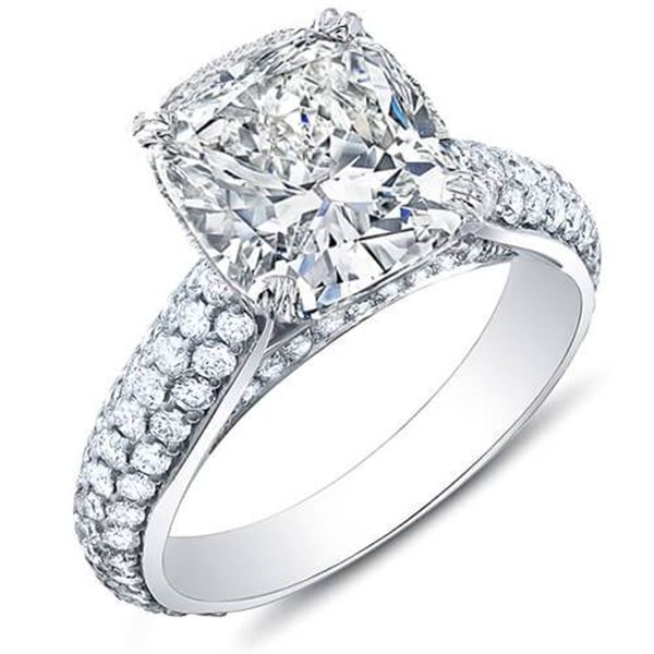 Natural 3.02 CTW Cushion Cut Micro Pave Diamond Engagement Ring 18KT White Gold