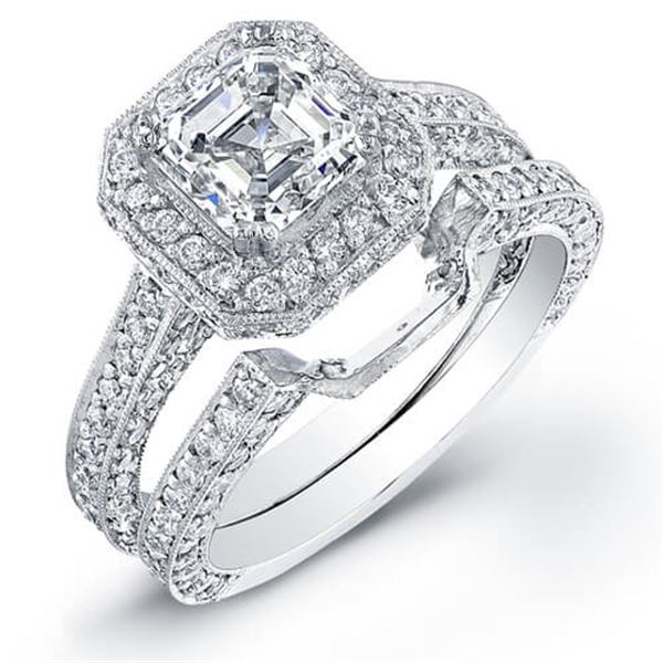 Natural 2.62 CTW Asscher Cut Halo Diamond Engagement Ring 18KT White Gold