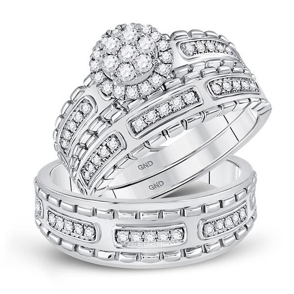 14kt White Gold His Hers Round Diamond Cluster Matching Wedding Set 5/8 Cttw