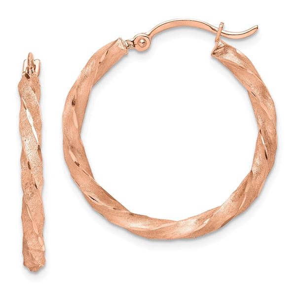 14k Rose Gold Twisted Satin Diamond-Cut Hoop Earrings - 27 mm