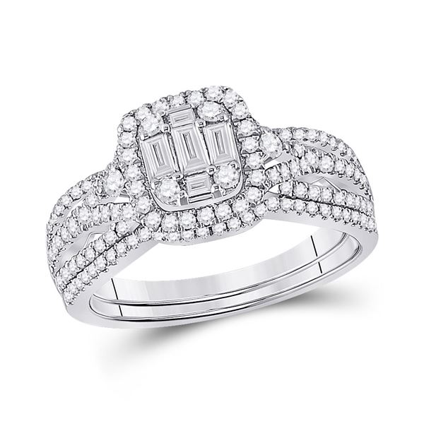 14kt White Gold Baguette Diamond Bridal Wedding Ring Band Set 3/4 Cttw