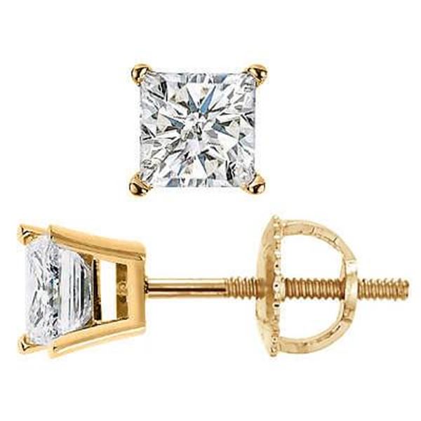 Natural 3.02 CTW Princess Cut Diamond Stud Earrings 18KT Yellow Gold