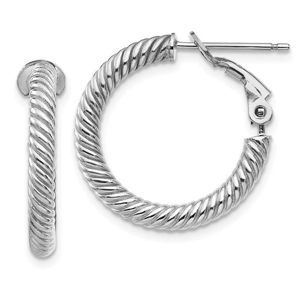 10k White Gold Twisted Round Omega Back Hoop Earrings - 15 mm