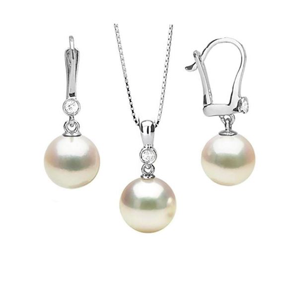 Akoya Pearl and Diamond Bezel Pendant and Dangle Earring Set