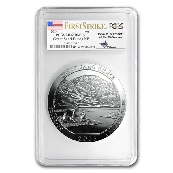 2014 5 oz Silver ATB Grt Sand Dunes MS-69 DMPL PCGS (FS,Mercanti)