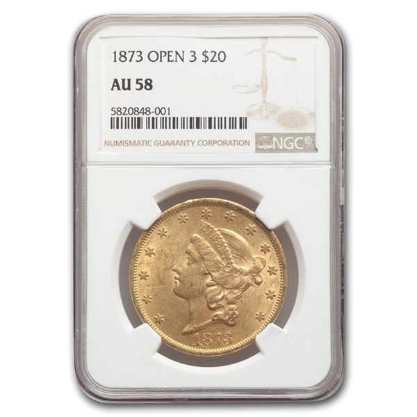 1873 $20 Liberty Gold Double Eagle Open 3 AU-58 NGC