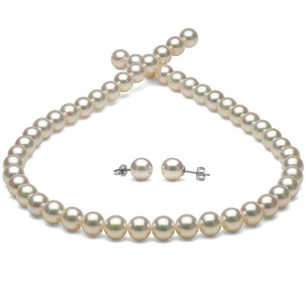 White Hanadama Japanese Akoya Pearl Jewelry Set, 8.0-8.5mm