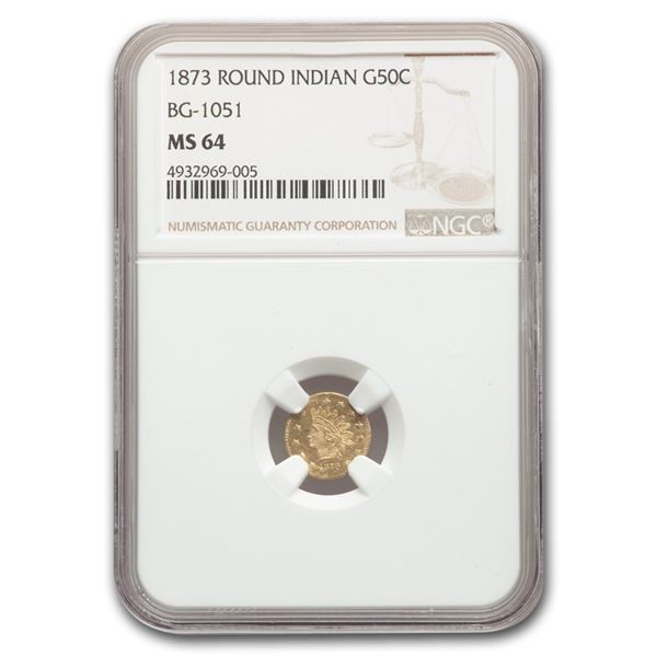 1873 Indian Round 50 Cent Gold MS-64 NGC (BG-1051)