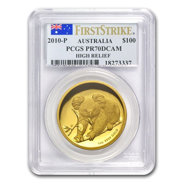 2010-P Australia 1 oz Gold Koala PR-70 PCGS (FS, High Relief)