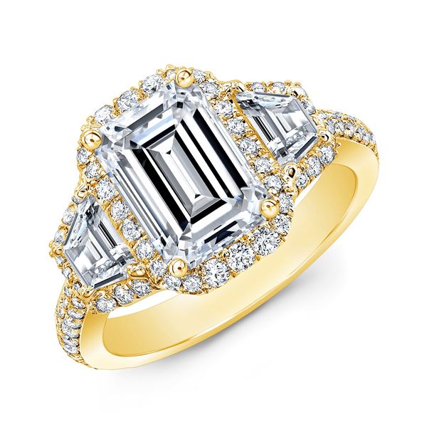Natural 2.72 CTW Halo Emerald Cut & Trapezoids Diamond Engagement Ring 18KT Yellow Gold