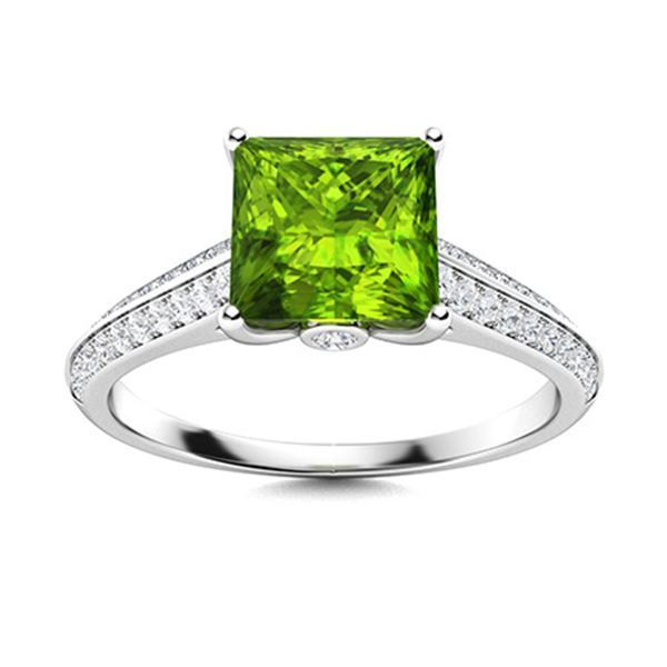 Natural 1.86 CTW Peridot & Diamond Engagement Ring 18K White Gold