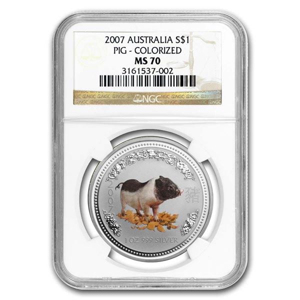 2007 Australia 1 oz Silver Pig MS-70 NGC (Colorized)