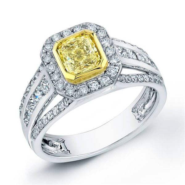 Natural 1.92 CTW Canary Yellow Square Radiant Cut Halo Diamond Ring 18KT Two-tone