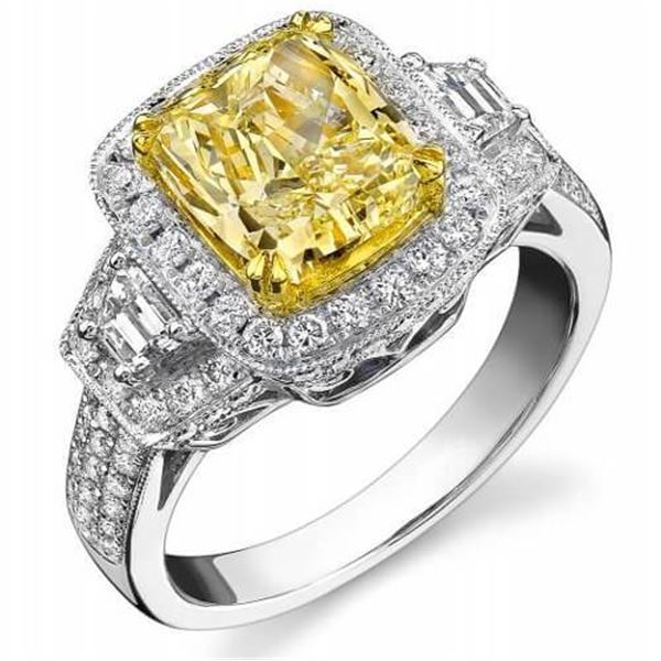 Natural 4.37 CTW Yellow Halo Canary Cushion Cut Diamond Ring 18KT Two-tone