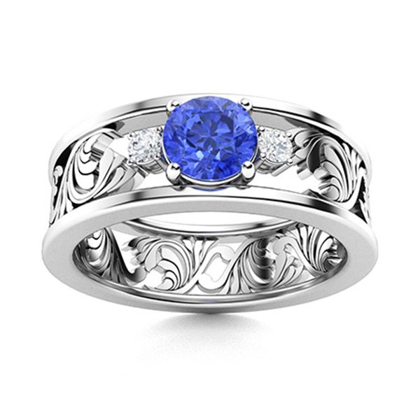 Natural 0.58 CTW Ceylon Sapphire & Diamond Engagement Ring 18K White Gold