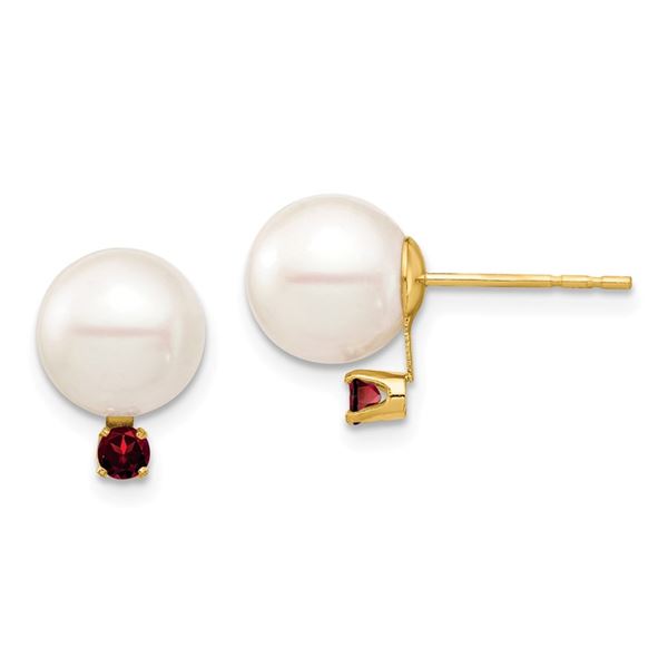 14k Yellow Gold White Pearl Garnet Post Earrings - 8-8.5 mm