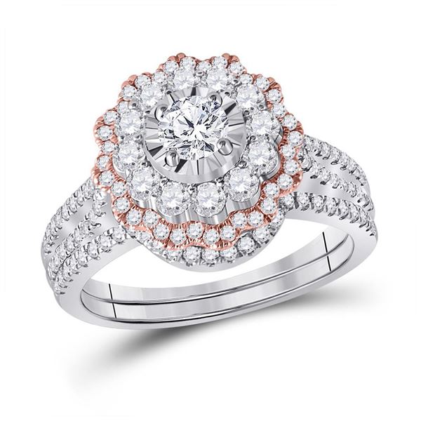 14kt Two-tone Gold Round Diamond Halo Bridal Wedding Ring Band Set 1-1/3 Cttw