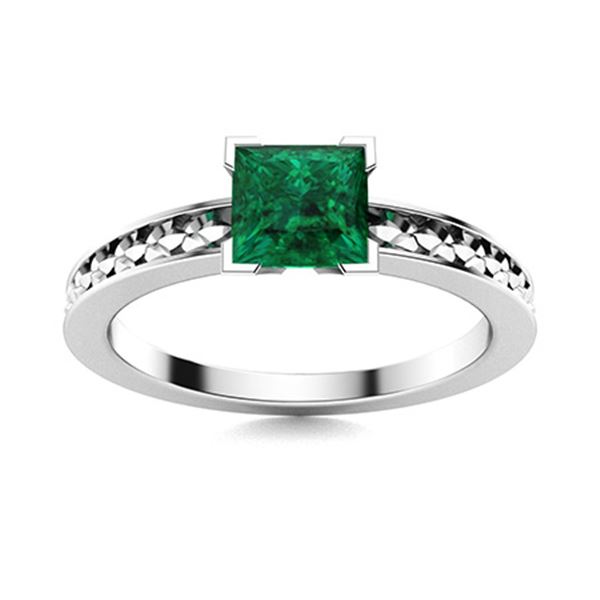 Natural 1.11 CTW Emerald Solitaire Ring 14K White Gold