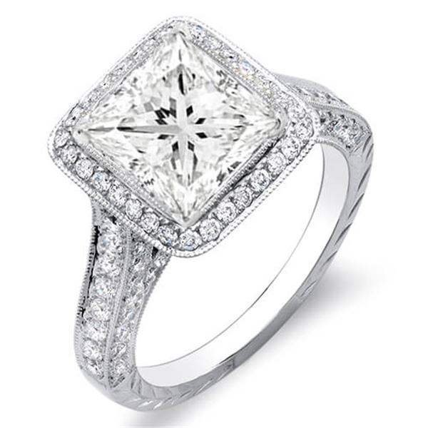 Natural 2.12 CTW Princess Cut Halo Diamond Engagement Ring 18KT White Gold