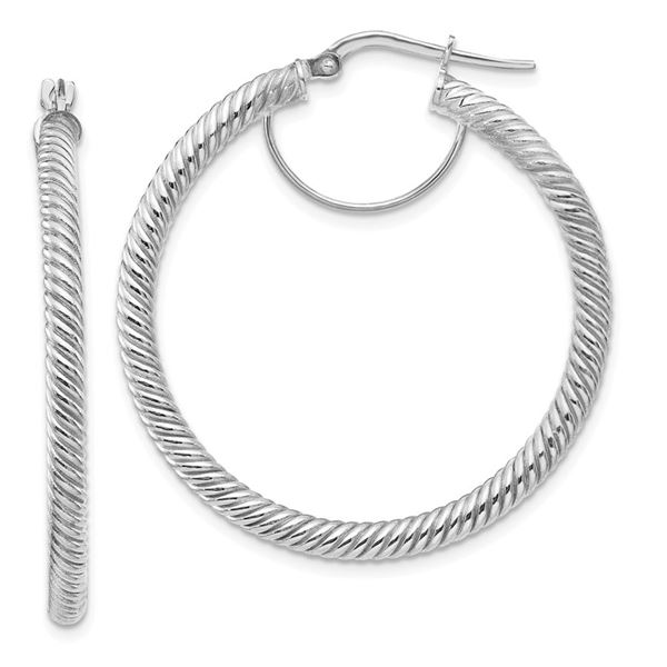 14k White Gold Twisted Round Hoop Earrings - 30 mm