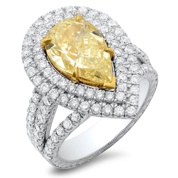Natural 4.12 CTW Canary Yellow Pear Shape Double Halo Diamond Engagement Ring 18KT Two-tone