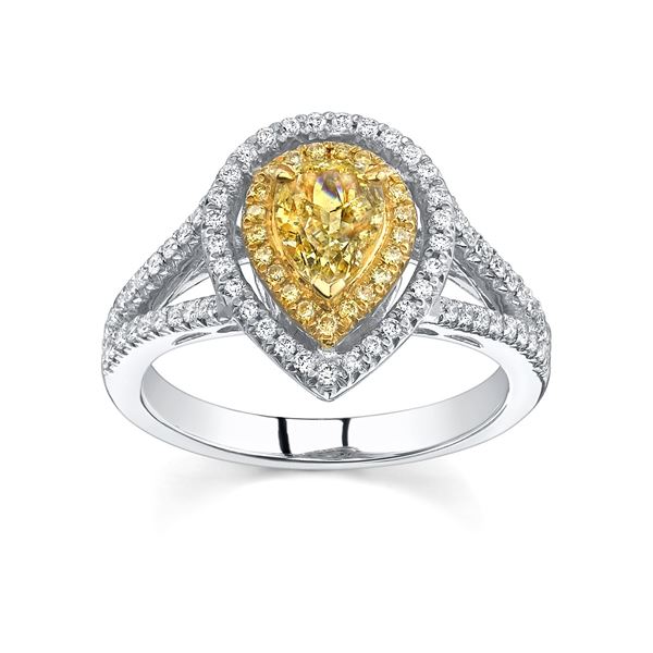 Natural 3.02 CTW Pear Cut Canary Yellow Double Halo Diamond Engagement Ring 18KT Two-tone