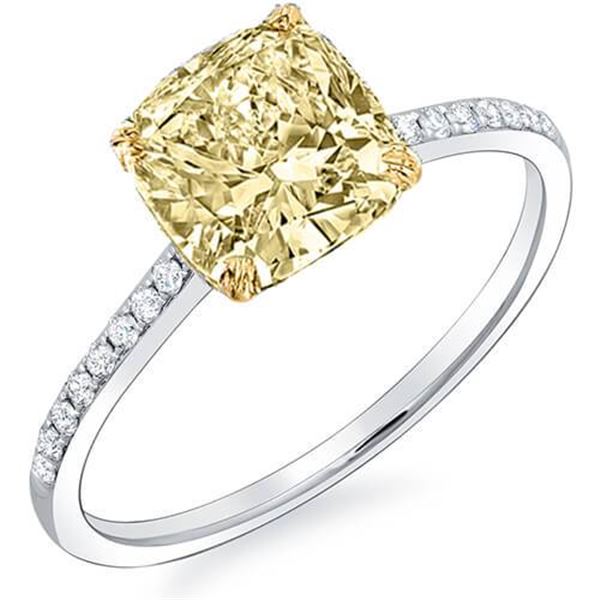 Natural 3.28 CTW Canary Intense Yellow Cushion Cut Diamond Ring 14KT Two-tone