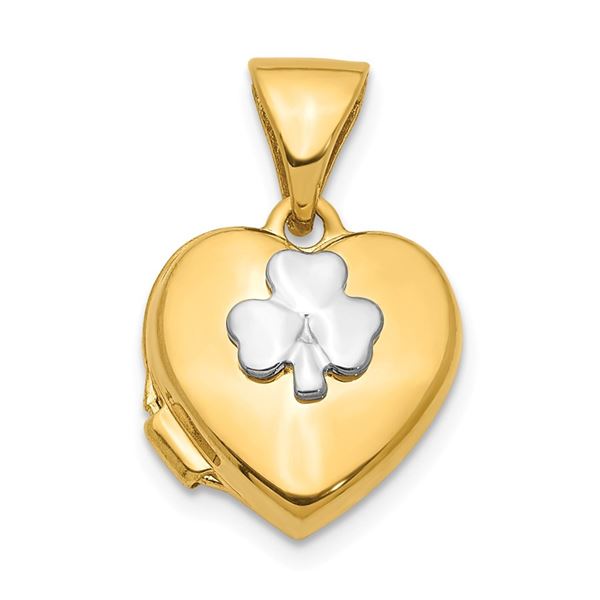 14k with White Gold accent Clover Heart Locket Pendant - 16 mm