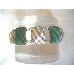 50's~STERLING/ CARVED ONYX WIDE LINK BRACELET #1696229