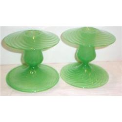Pair Green Swirl Steuben Candle Holders, #1696241