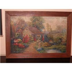 Antique American Oil Painting Cottage Scene #1711378