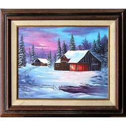 ORIG OIL PAINTING WINTER COTTAGE & EVERGREENS #1725327