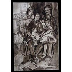 Black Ink Drawing of Family Group with Cat and #1725453
