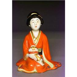 Old Japanese Kutani Geisha Figurine w Dog Puppy#1725566