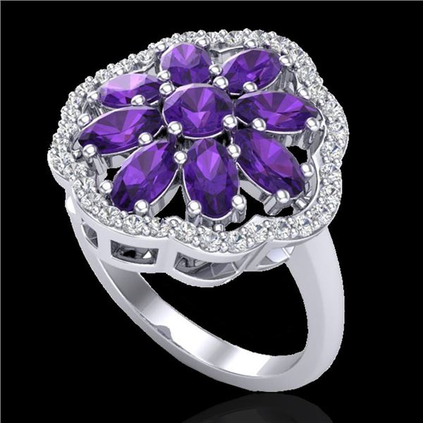 3 ctw Amethyst & VS/SI Diamond Cluster Designer Ring 10k White Gold - REF-49X3A