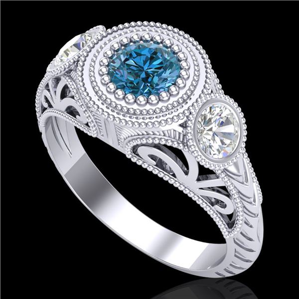 1.06 ctw Fancy Intense Blue Diamond Art Deco Ring 18k White Gold - REF-154H5R