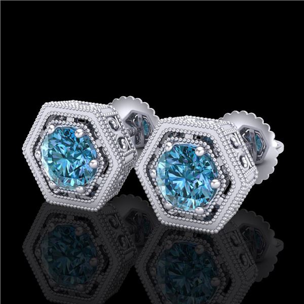 1.07 ctw Fancy Intense Blue Diamond Art Deco Earrings 18k White Gold - REF-131W8H