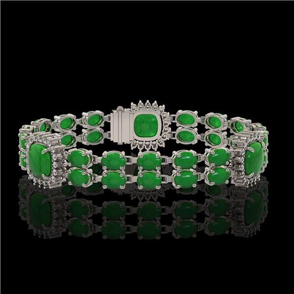 15.79 ctw Jade & Diamond Bracelet 14K White Gold - REF-263X6A