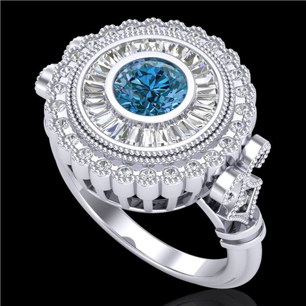 2.03 ctw Fancy Intense Blue Diamond Art Deco Ring 18k White Gold - REF-245A5N