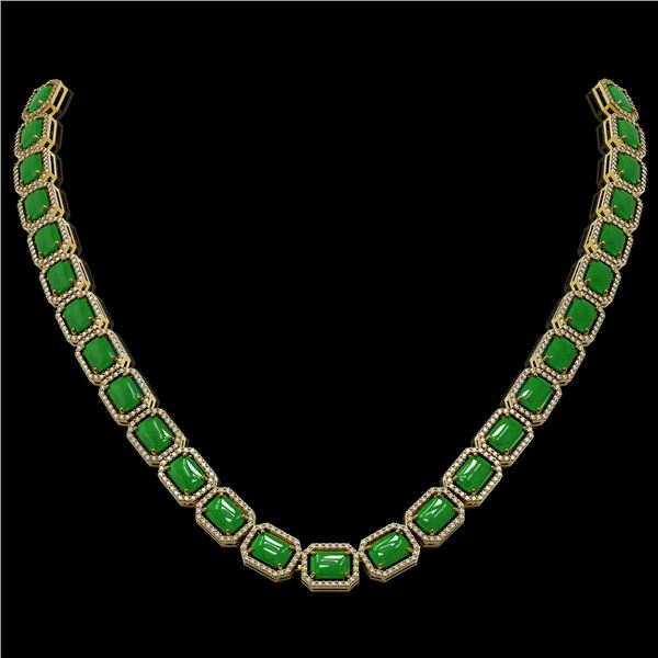 56.69 ctw Jade & Diamond Micro Pave Halo Necklace 10k Yellow Gold - REF-673M8G