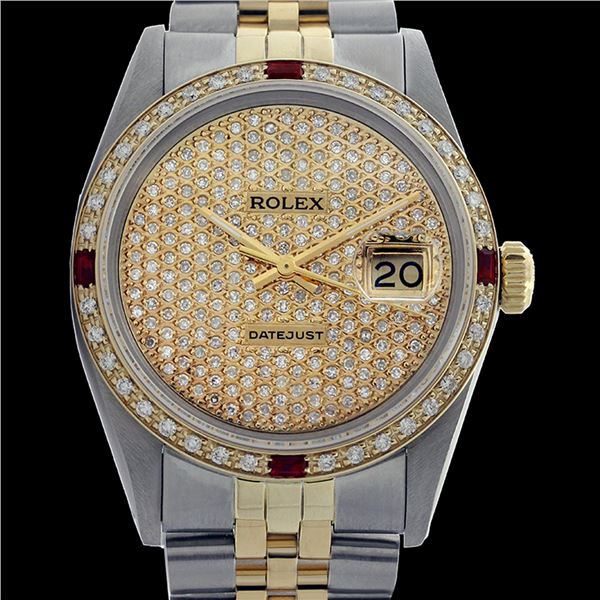 Rolex Ladies Two Tone 14K Gold/SS, Diam Pave Dial & Diam/Ruby Bezel, Sapphire Crystal