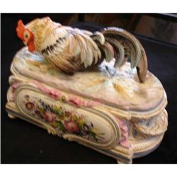 Antique French porcelain box  w/Rooster  Hand #1697492