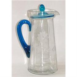 Blue & Clear Glass Etched Covered Pitcher #1711961