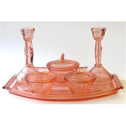 Pink Art Deco Depression Glass Vanity Set 1712031