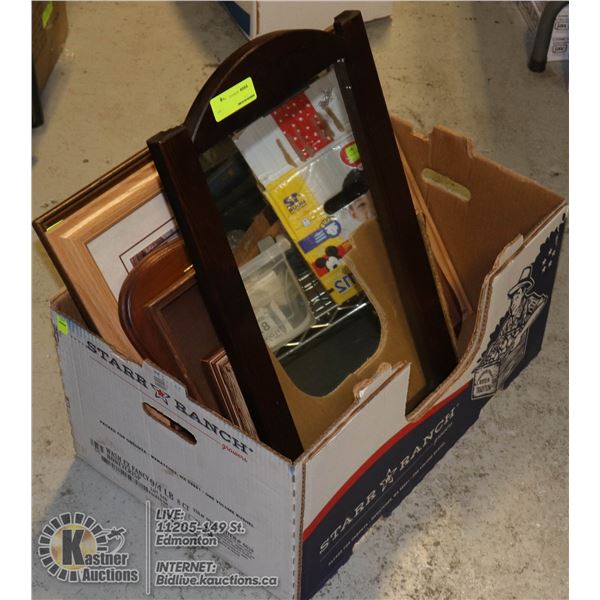 BOX OF VINTAGE WALL HANGINGS, MIRROR, VARIOUS ART