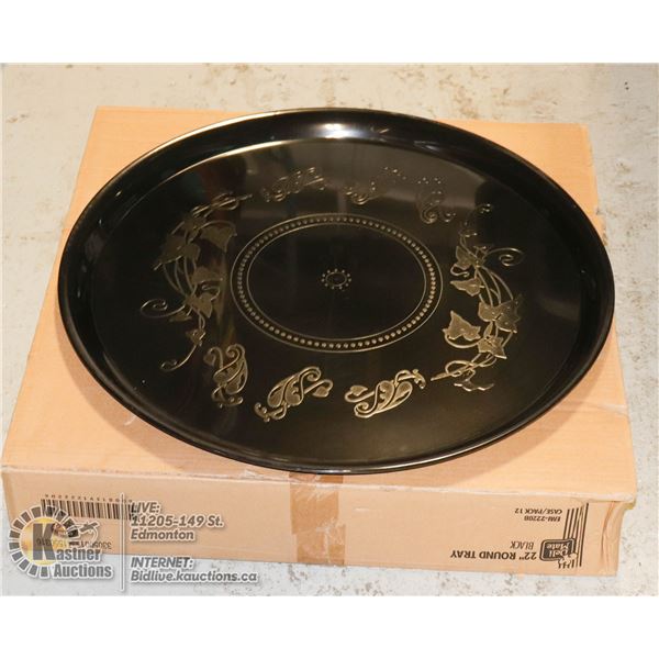 BOX OF 12 NEW 22 INCH ROUND SERVICE TRAYS BLACK
