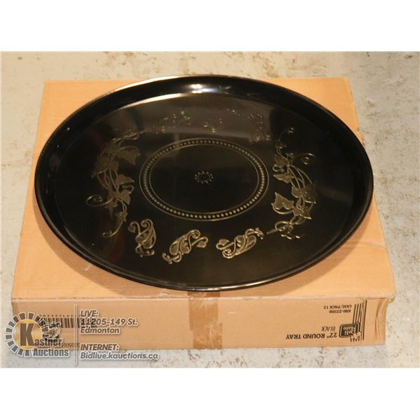 BOX OF 12 NEW 22 INCH ROUND SERVICE TRAYS BLACK