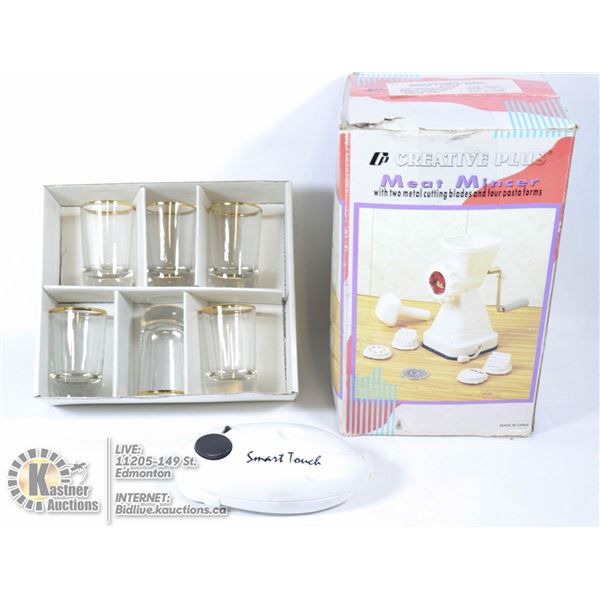 MEAT MINCER/ CAN OPENER/ 6 SHOOTER GLASSESS